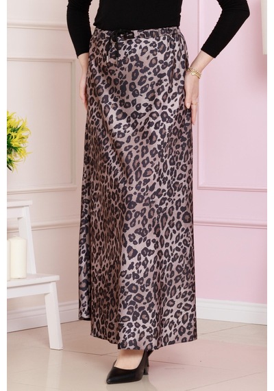 Sevitli Beli Bağcıklı Leopar Desenli Etek-vizon-4713 Vizon