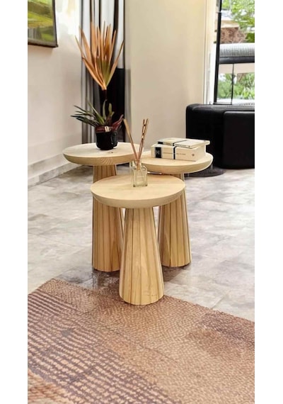 Doğal Masif Ahşap Mantar Sehpa 3 Lü Set Naturel Renk Zigon