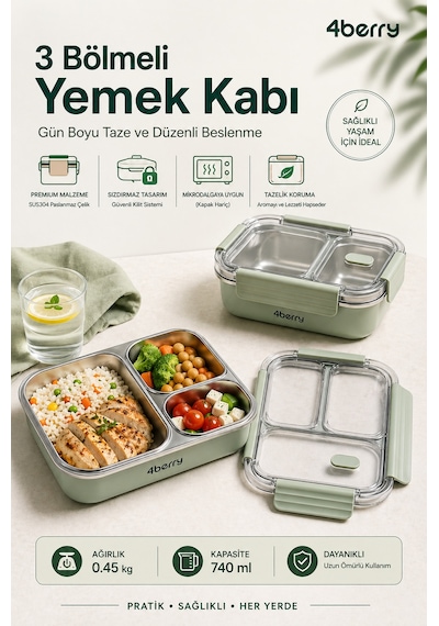3 Bölmeli Paslanmaz Çelik Yemek Kabı Sızdırmaz Kapaklı, Taşınabilir Beslenme Kabı - Yeşil