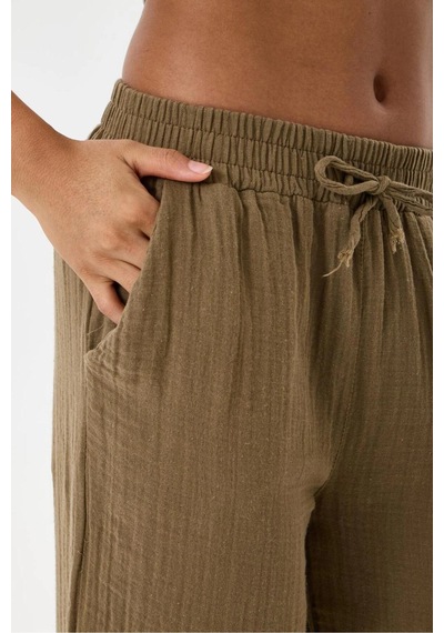 Dıanna Kadın Beli Lastikli Wide Leg Müslin Pantolon %100 Pamuk Geniş Bol Paça Rahat Ofis & Günlük Stil Toprak Kahvesi