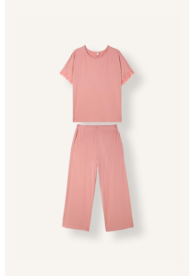 Defacto Regular Fit Kısa Kollu Dantel Detaylı Üst Geniş Paça Alt 2li Pijama Takımı I5544ax26aubr478 Bordo-br478