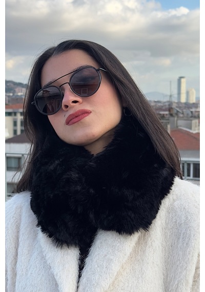 Mollycrush Kadın Siyah Peluş Kürk Boyunluk Mıknatıslı Premium Kışlık Boyunluk Siyah