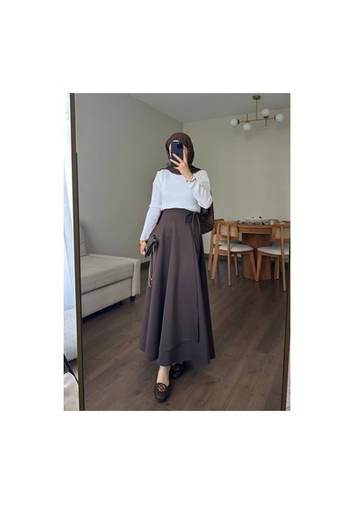 Unika Boutique Kadın Yandan Bağlamalı Tesettür Uzun Kot Etek Kahverengi