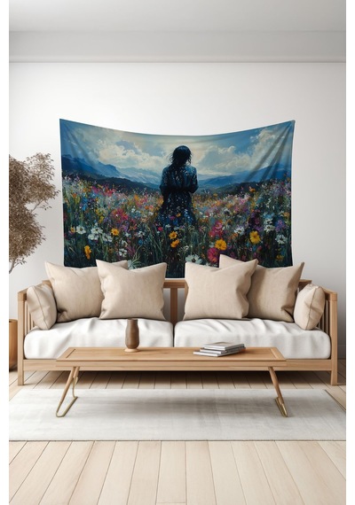 Çiçek Tarlasındaki Yalnızlık Desenli Duvar Halısı Duvar Örtüsü Tapestry Süet Dokulu Kumaş