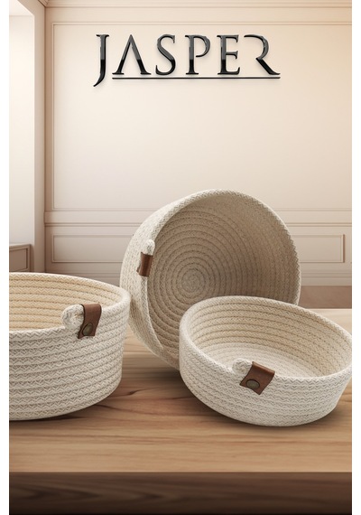 Jasper 3'lü Krem Jüt Hasır Sepet Oval Özel Tasarım Organizer