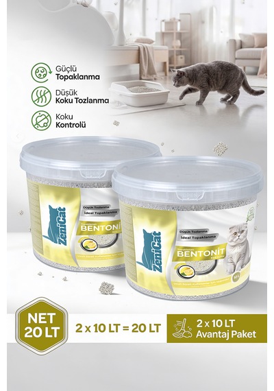 Limon Kokulu Bentonit Kedi Kumu 2x10 Lt İnce Taneli Güçlü Topaklanan Tozsuz Kovalı