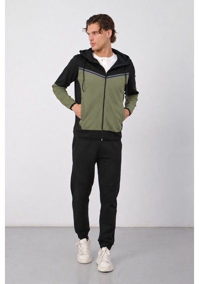 Dechers Erkek Siyah Tech Fleece Double Face Kapüşonlu Fermuarlı Eşofman Takımı - E228 Haki