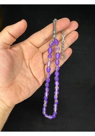 Toz Kehribar Tesbih Mor Renkli Beyzi Kesim 11mmx7,5mm T-667
