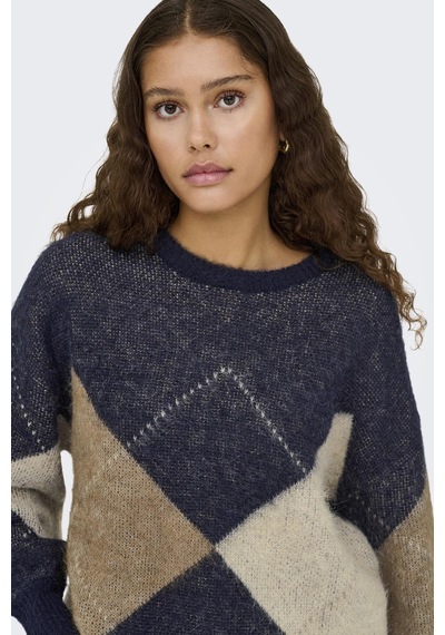 Only Noeme Life Ls Jacquard O-neck Kadın Triko Kazak Jakarlı Bisiklet Yaka Mavi
