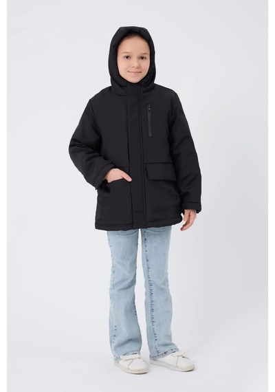 Spor Kız Çocuk Kürklü Su Ve Rüzgar Geçirmez Kapüşonlu 3 Mont Parka-121 Siyah