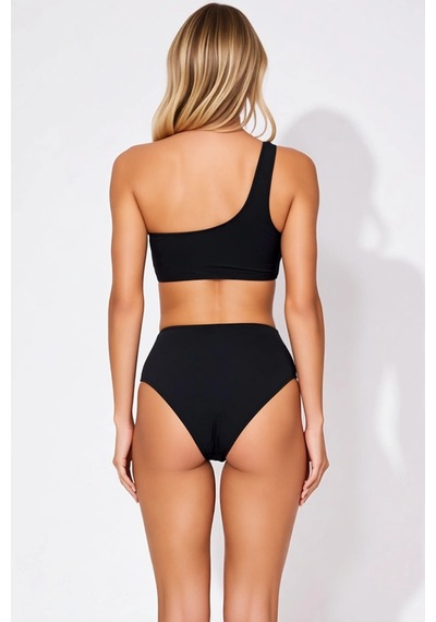 Benerly Kadın Bikini Takımı Tek Omuz Kaplı Yüksek Bel Slip Dalgıç Örme Ku Siyah
