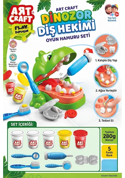 Art Craft Dinozor Diş Hekimi Eğitici Oyun Hamuru Seti - 5 Renk Dişçi Oyuncak 3+ Yaş Çok Renkli