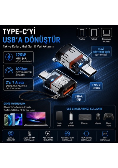 Coofbe Type-c To Usb-a Otg Adaptör, 120w Hızlı Şarj, 10gbps Usb 3.2 Veri Aktarımı, Telefon Tablet Laptop Uyumlu
