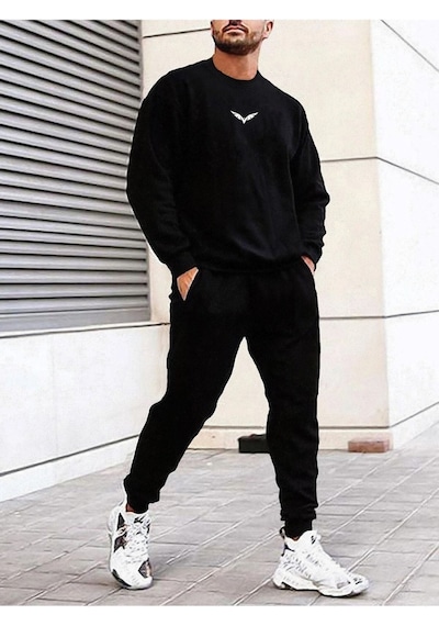 Wings Eşofman Takımı Sweatshirt Jogger - Siyah Baskılı Oversize Şardonlu Bisiklet Yaka Siyah