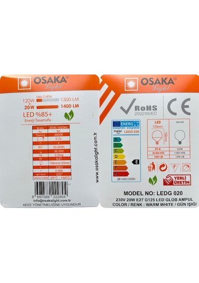 Osaka 20w 120w 3000k Sarı Işık E27 Duylu Kalın Duy Glop Led Ampul