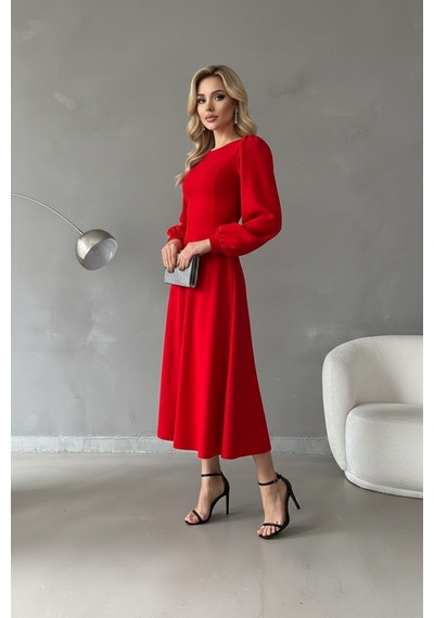 Defymoda Kadın Gün Boyu Rahat Midi Elbise Kırmızı