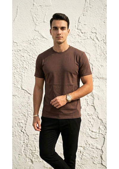 Plus Scorpion T02 Kol Katlama Erkek Slim Fit Basic Tişört Bisiklet Yaka, Düz Kumaş, Yazlık Model Kahverengi