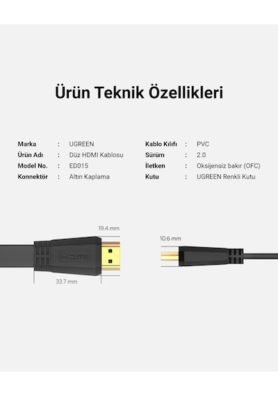 Ugreen 4k Yüksek Hızlı 2.0 Hdmı Kablo, 1.5 M, 50819
