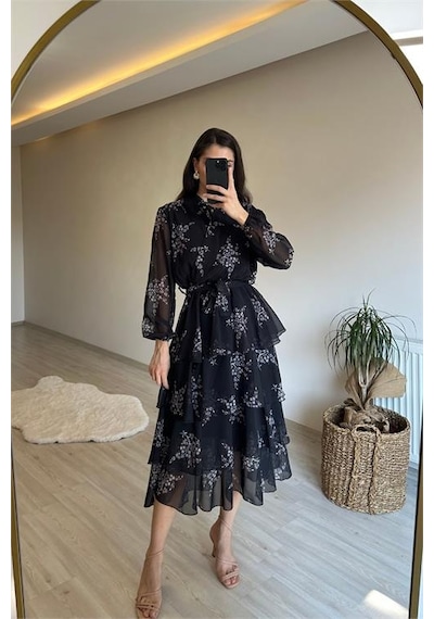 Neşeli Butik Kadın Çiçek Desenli Kat Kat Volanlı Şifon Elbise Nm014 Siyah