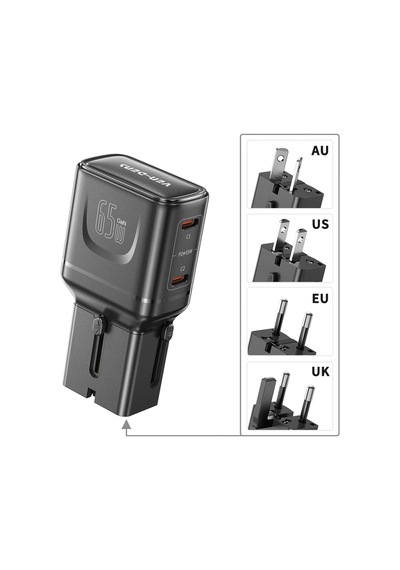 Ven-dens Vd-ta003 65 W Pd Pps 4 Ü 1 Arada Seyahat Adaptörü, 2 Usb-c Ve 1 Usb-a Port, Abd, Siyah
