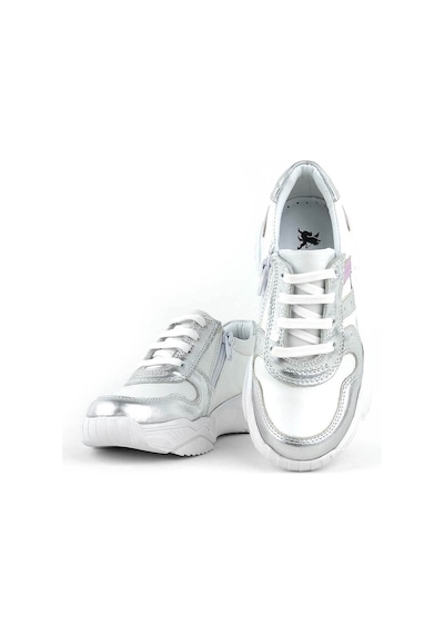 Hakiki Deri Gümüş Pembe Kalın Tabanlı Kız Çocuk Sneakers Ayakkabı Gümüş