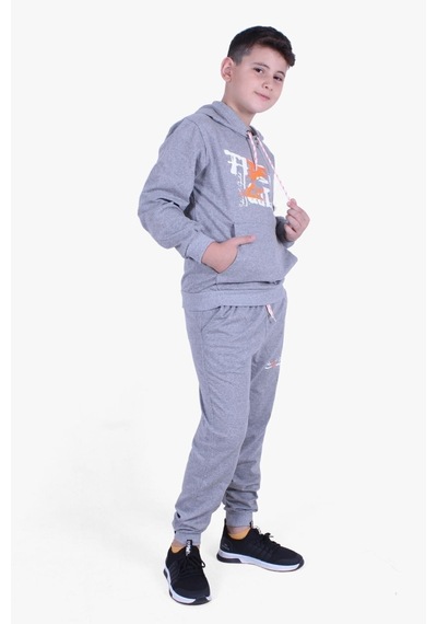 Fyk Kids Tide Yazı Baskıl Kanguru Cep Detaylı Erkek Çocuk Eşofman Takımı Gri