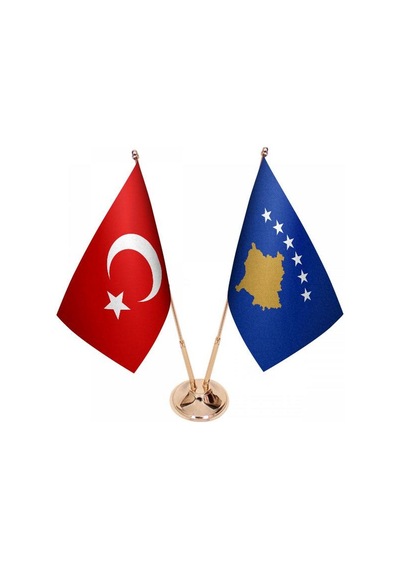Masa Üstü Kosova Bayrağı Türk Bayrağı İkili Pirinç Direk Masa Bay