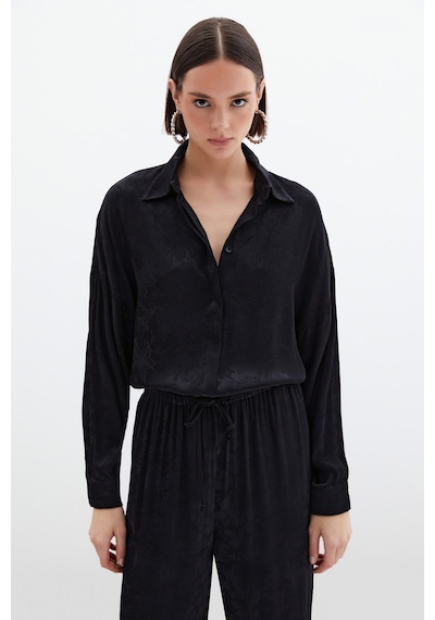Sateen Jakarlı Saten Gömlek - Siyah-136036 Siyah