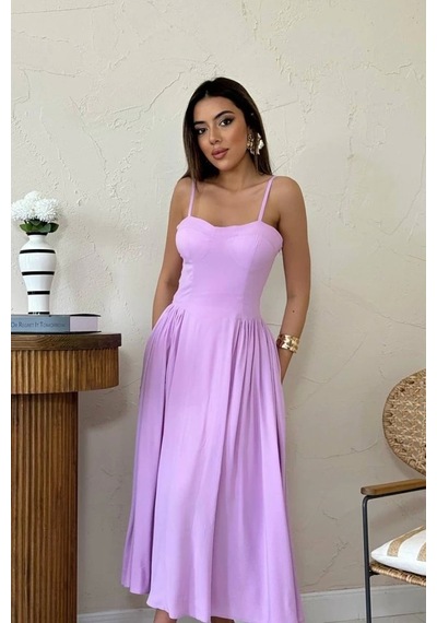 Defymoda Lila Göğüs Kuplu Uzun Büzgülü Elbise Lila