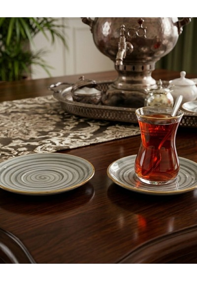 Madam İzmir Winter 6'lı Siyah Çay Tabağı - Modern Spiral Desenli Şık Sunum Tabağı Gri