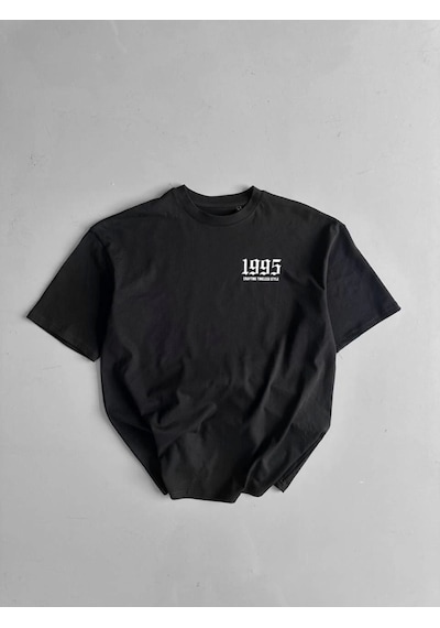 Suma Siyah Oversize Bisiklet Yaka Baskılı T-shirt - Xl