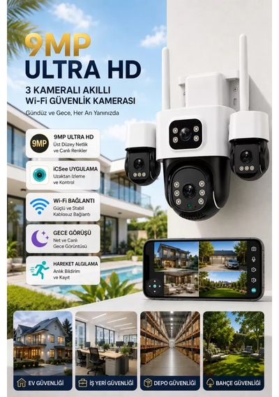 İcsee 9001 9mp 3 Lens Wifi Güvenlik Kamerası, Motorlu Gece Görüşlü Dış Mekan Kamera, 32gb Kart Ve Adaptör