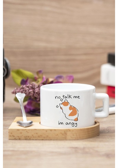 No Talk Me Im Angy Kedi Baskılı Ahşap Altlıklı Kaşıklı Kupa 1 Beyaz
