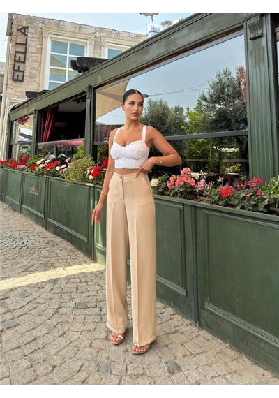WeShaya Bej Keten Karışımlı Düz Paça Pantolon Bej