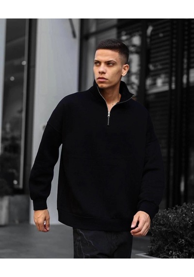 Barlashive Erkek Yarım Fermuarlı Üç İplik Sweatshirt - Siyah Çok Renkli