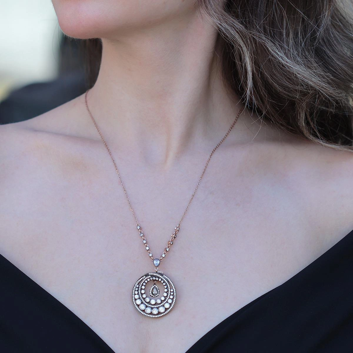 Elmas Montür Rose Gold Gümüş Kolye Gümüş