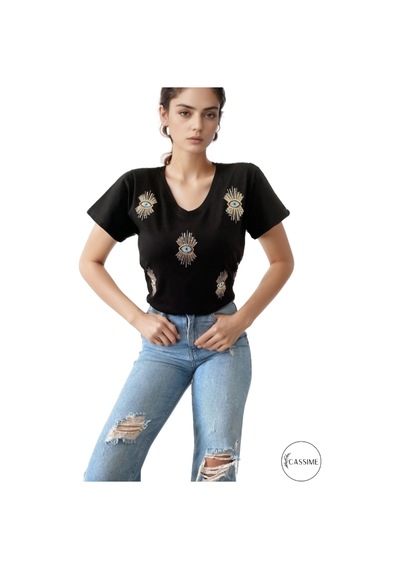 Cassime Kadın Kadın Siyah V Yaka Göz Pul Ve Nakış Işlemeli Tişört S-m-l-xl-2xl-3xl