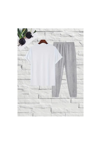 Medinenur Paris Baskılı T-shirt Eşofman Altı Jogger Rahat Kalıp Siyah Eşofman Takım Beyaz