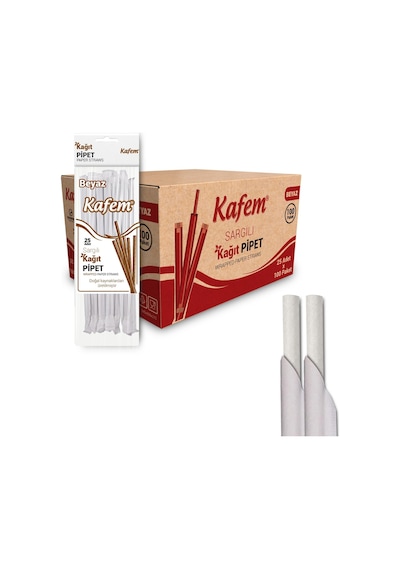 Kafem Sargılı Beyaz Kağıt Pipet 19,5cm 25li X 100 Paket Koli