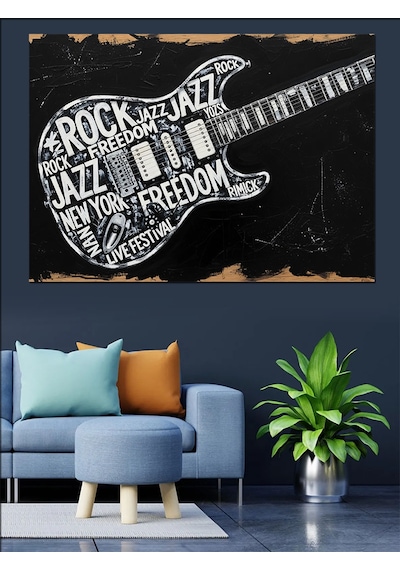 Kara Tahta Gitar Slogan Dekoratif Kanvas - Mdf Ahşap Tablo