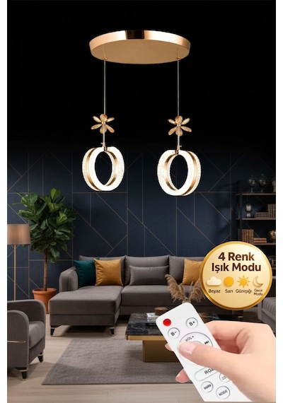 LumiaLighting Aurea Model 2 Li Kristal Taşlı Kumandalı Gold 3 Renk Modu Ledli Salon Mutfak Oturma Odası Sarkıt Led Avize