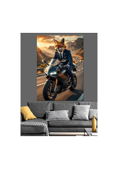 Motosiklet Süren Karizmatik Tilki Portresi Yağlı Boya Dokulu Kanvas Tablo Canvas Tablosu