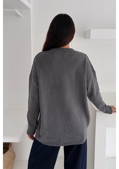 Femelle Kadın Füme Standart Beden Oversize Basic Triko Kazak - 357bnd Gri