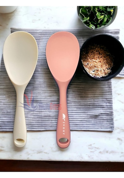 Sert Uçlu Isıya Dayanıklı Yanmaz Yapışmaz Silikon Kaşık 2&apos Li 22 Cm, Somon-krem