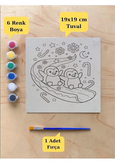 Tuval Boyama Aktivite Seti Sevimli Penguenler Baskılı 19x19 Cm Tuval, Fırça Ve 6 Renk Akrilik Boya Seti