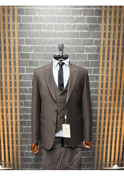 Dupont Classics Erkek Slim Fit 6 Drop Sivri Yaka Yelekli Poliviskon Çift Yırtmaç Takım Elbise Kahverengi Dupont Classics Erkek Slim Fit 6 Drop Sivri Yaka Yelekli Poliviskon Çift Yırtmaç Takım Elbise Kahverengi