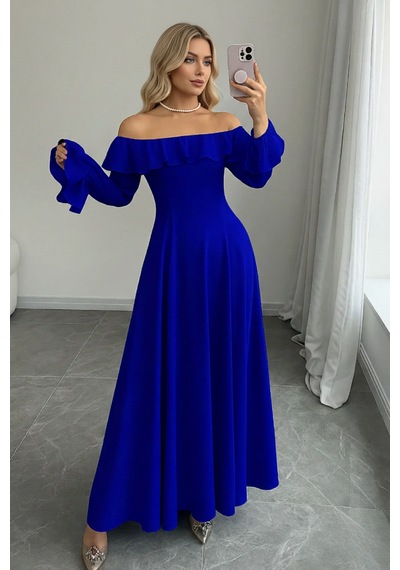 Defymoda Kadın Modern Kesim Fırfır Detaylı Elbise Mavi