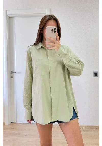 DefyModa Oversize Pens Detaylı Cepli Yırtmaçlı Rahat Kalıp Poplin Gömlek - Yeşil