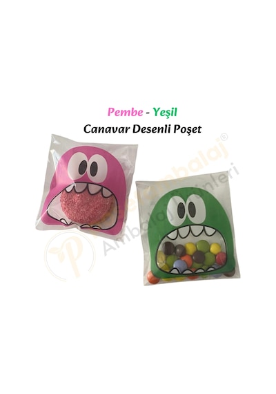 30 Adet Pembe-yeşil Renkli Canavar Desenli Cake Pop & Kurabiye Poşeti-10x15 Cm