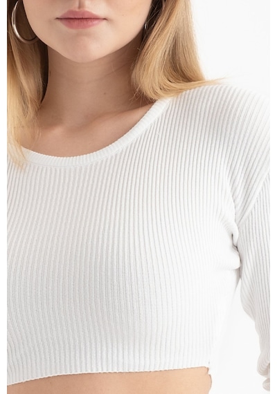 Hiccup Yuvarlak Yakalı Fitilli Örme Uzun Kollu Crop Top Tozlu Beyaz